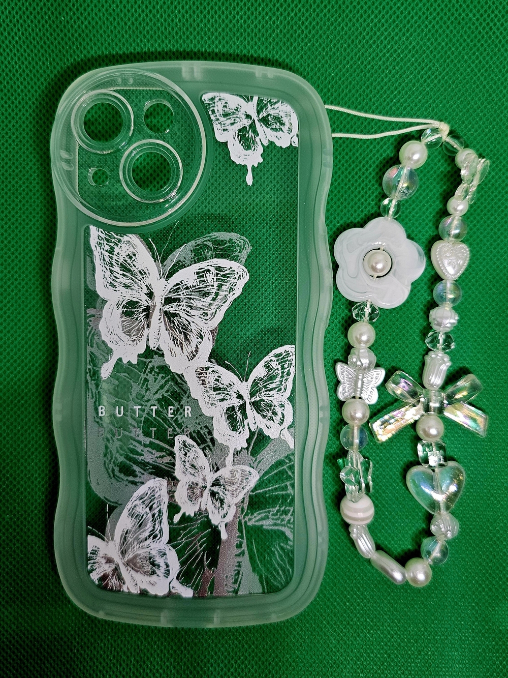 Cute Butterfly iPhone 15 Case + Beaded Wristlet Charm
